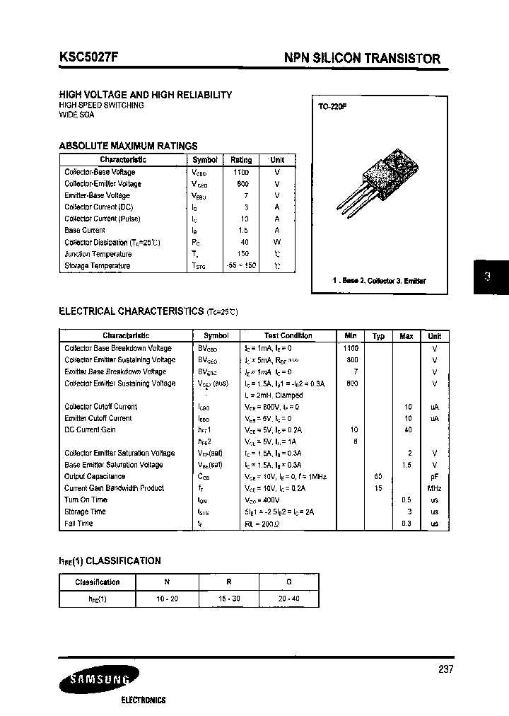 Smw 10x C5027 2SC5027 C5027-R TO-220 Transistors – High Voltage NPN
